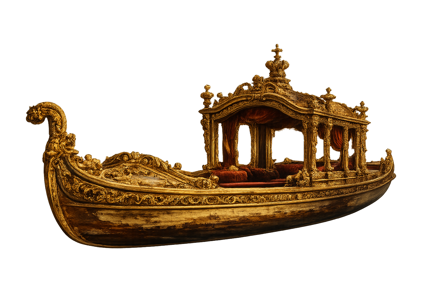Reich verzierte Barockgondel mit Baldachin und goldenen Ornamenten.
